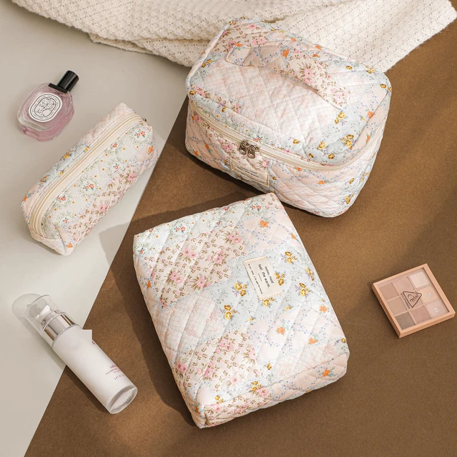 Alt view image 5 of 7 - Quilted Cotton Makeup Bag, Floral Coquette Pouch(03Pink Flower) | Soft Toiletry Bag with Zipper for Women and Girls,Cute Kawaii Travel Cosmetic Bags