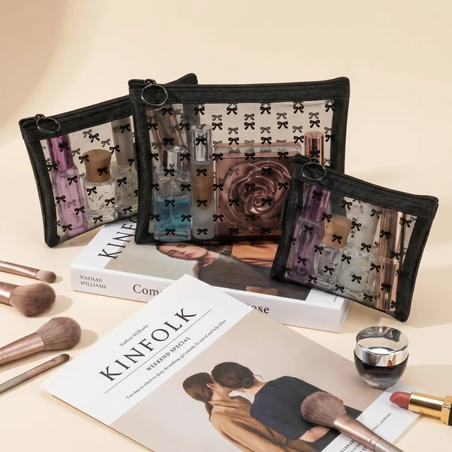 Alt view image 6 of 7 - 3Pcs Bow Printed Mesh Makeup Bag Set, Multiple Sizes Portable Mesh Pouch with Zipper Travel Mesh-Cosmetic Bags Toiletry Bag Makeup Purse Bags for Offices Home Travel Accessories