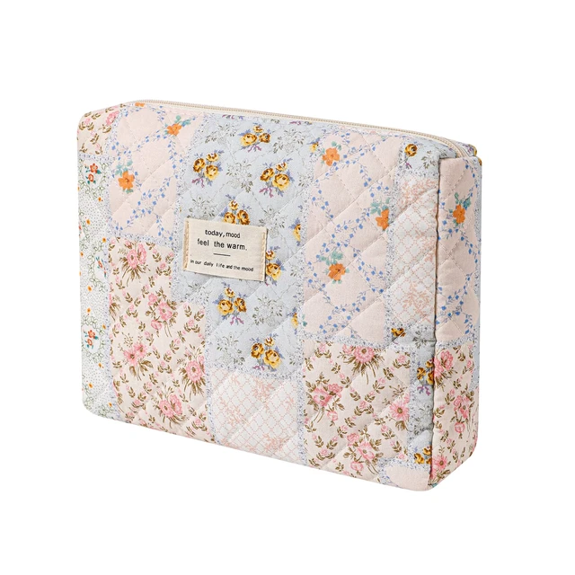 Alt view image 6 of 7 - Quilted Cotton Makeup Bag, Floral Coquette Pouch(03Pink Flower) | Soft Toiletry Bag with Zipper for Women and Girls,Cute Kawaii Travel Cosmetic Bags