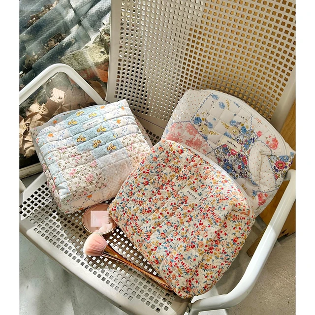 Alt view image 7 of 7 - Quilted Cotton Makeup Bag, Floral Coquette Pouch(03Pink Flower) | Soft Toiletry Bag with Zipper for Women and Girls,Cute Kawaii Travel Cosmetic Bags
