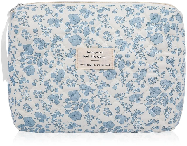 Main image of Floral Makeup Bag, Large Cosmetic Bag for Women Girls, Cute Cotton Make up Pouch, Quilted Makeup Bags, Flower Travel Toiletry Organizer Bag(Blue Floral)
