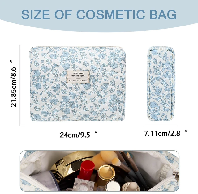Alt view image 2 of 6 - Floral Makeup Bag, Large Cosmetic Bag for Women Girls, Cute Cotton Make up Pouch, Quilted Makeup Bags, Flower Travel Toiletry Organizer Bag(Blue Floral)