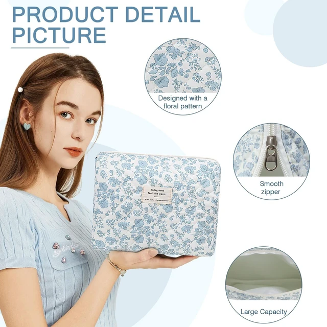 Alt view image 4 of 6 - Floral Makeup Bag, Large Cosmetic Bag for Women Girls, Cute Cotton Make up Pouch, Quilted Makeup Bags, Flower Travel Toiletry Organizer Bag(Blue Floral)