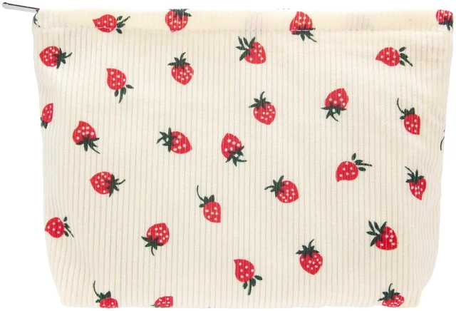 Main image of Flat Makeup Bag for Women,Zipper Cosmetic Pouch for Purse,Strawberry Beige | Canvas-Lined Makeup Organizer for Purse, Cosmetics, Toiletries, Skincare, Travel Essentials, Brushes,Lipstick and Sunscreen