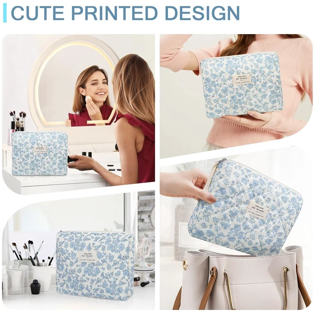 Alt view image 5 of 6 - Floral Makeup Bag, Large Cosmetic Bag for Women Girls, Cute Cotton Make up Pouch, Quilted Makeup Bags, Flower Travel Toiletry Organizer Bag(Blue Floral)