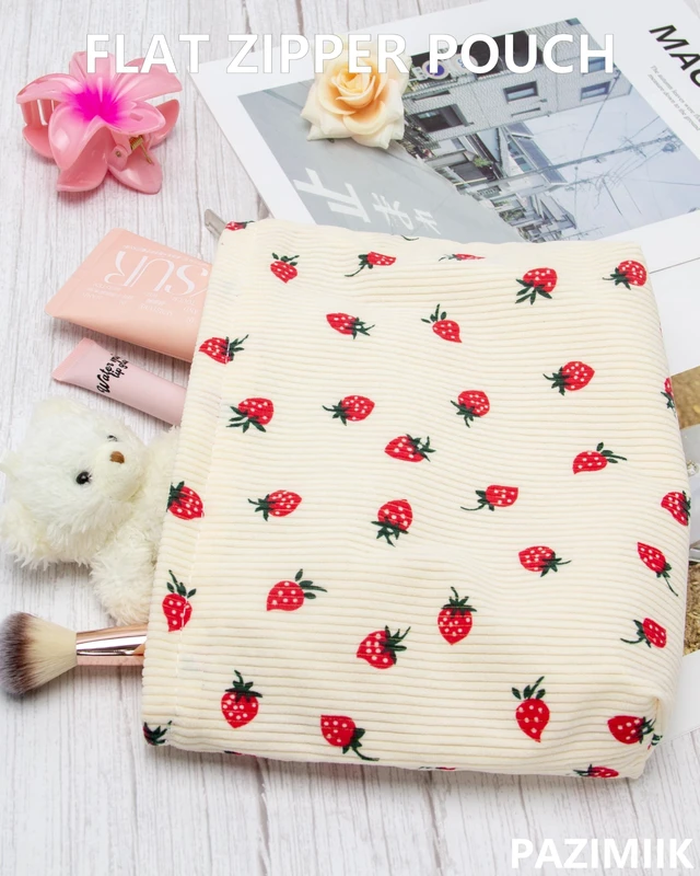 Alt view image 5 of 7 - Flat Makeup Bag for Women,Zipper Cosmetic Pouch for Purse,Strawberry Beige | Canvas-Lined Makeup Organizer for Purse, Cosmetics, Toiletries, Skincare, Travel Essentials, Brushes,Lipstick and Sunscreen