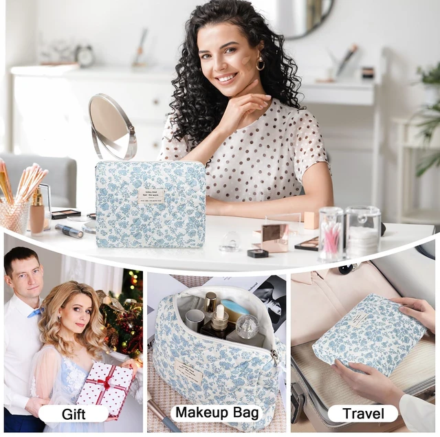Alt view image 6 of 6 - Floral Makeup Bag, Large Cosmetic Bag for Women Girls, Cute Cotton Make up Pouch, Quilted Makeup Bags, Flower Travel Toiletry Organizer Bag(Blue Floral)