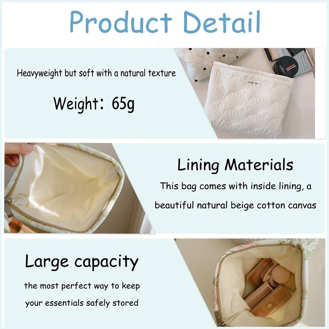 Alt view image 3 of 7 - White Shells Quilted Cotton Makeup Bag,Coquette Travel Pouch | Cotton Aesthetic Cosmetic Bag for Women,Shell Embroidery,Wedding Gifts, Bridal Gifts