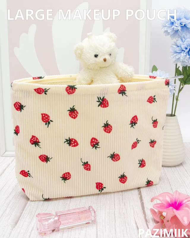 Alt view image 2 of 7 - Flat Makeup Bag for Women,Zipper Cosmetic Pouch for Purse,Strawberry Beige | Canvas-Lined Makeup Organizer for Purse, Cosmetics, Toiletries, Skincare, Travel Essentials, Brushes,Lipstick and Sunscreen