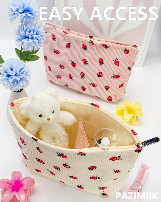 Alt view image 3 of 7 - Flat Makeup Bag for Women,Zipper Cosmetic Pouch for Purse,Strawberry Beige | Canvas-Lined Makeup Organizer for Purse, Cosmetics, Toiletries, Skincare, Travel Essentials, Brushes,Lipstick and Sunscreen