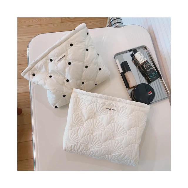 Alt view image 5 of 7 - White Shells Quilted Cotton Makeup Bag,Coquette Travel Pouch | Cotton Aesthetic Cosmetic Bag for Women,Shell Embroidery,Wedding Gifts, Bridal Gifts