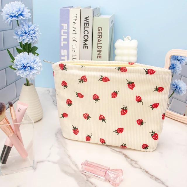 Alt view image 7 of 7 - Flat Makeup Bag for Women,Zipper Cosmetic Pouch for Purse,Strawberry Beige | Canvas-Lined Makeup Organizer for Purse, Cosmetics, Toiletries, Skincare, Travel Essentials, Brushes,Lipstick and Sunscreen