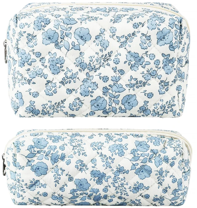 Main image of 2Pcs Floral Makeup Bag for Women Cotton Quilted Small Coquette Cosmetic Bag Cute Zipper Blue Flower Makeup Pouch Aesthetic Portable Pencil Case Travel Toiletry Bag Trendy Cloth Skincare Bag