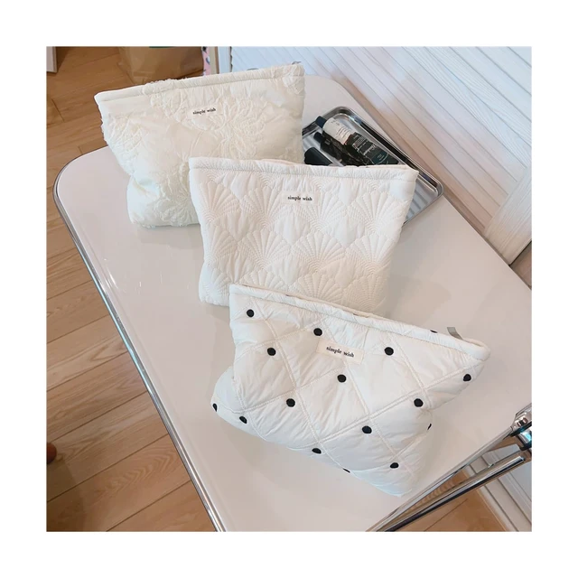 Alt view image 6 of 7 - White Shells Quilted Cotton Makeup Bag,Coquette Travel Pouch | Cotton Aesthetic Cosmetic Bag for Women,Shell Embroidery,Wedding Gifts, Bridal Gifts