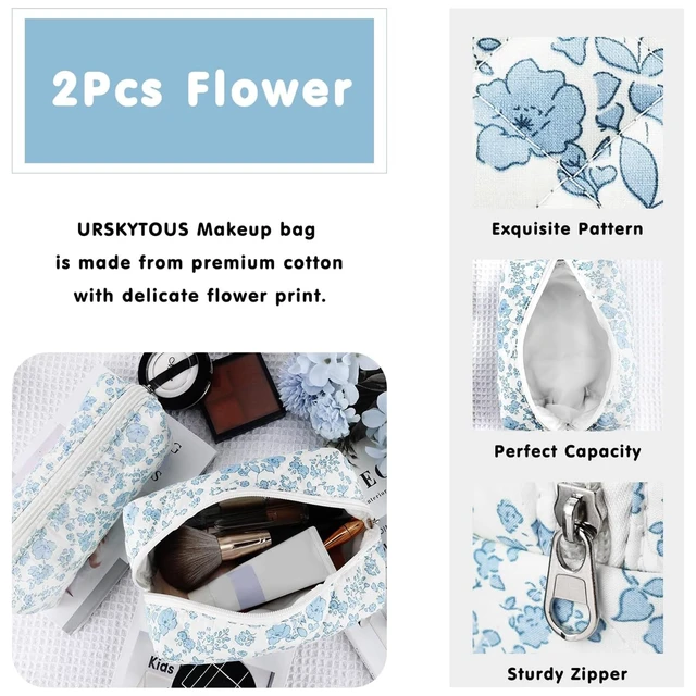 Alt view image 3 of 7 - 2Pcs Floral Makeup Bag for Women Cotton Quilted Small Coquette Cosmetic Bag Cute Zipper Blue Flower Makeup Pouch Aesthetic Portable Pencil Case Travel Toiletry Bag Trendy Cloth Skincare Bag
