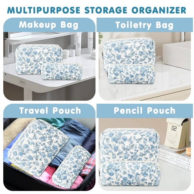 Alt view image 5 of 7 - 2Pcs Floral Makeup Bag for Women Cotton Quilted Small Coquette Cosmetic Bag Cute Zipper Blue Flower Makeup Pouch Aesthetic Portable Pencil Case Travel Toiletry Bag Trendy Cloth Skincare Bag