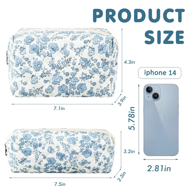 Alt view image 7 of 7 - 2Pcs Floral Makeup Bag for Women Cotton Quilted Small Coquette Cosmetic Bag Cute Zipper Blue Flower Makeup Pouch Aesthetic Portable Pencil Case Travel Toiletry Bag Trendy Cloth Skincare Bag