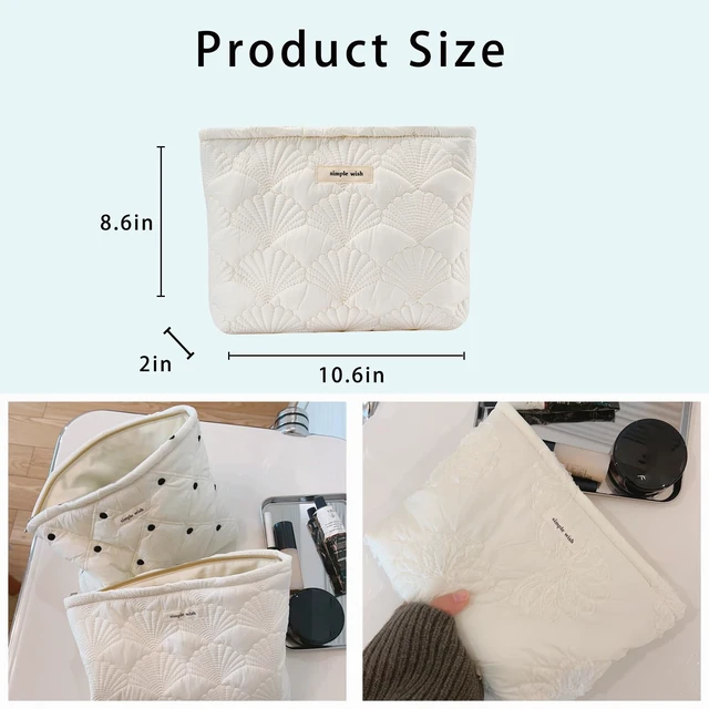 Alt view image 2 of 7 - White Shells Quilted Cotton Makeup Bag,Coquette Travel Pouch | Cotton Aesthetic Cosmetic Bag for Women,Shell Embroidery,Wedding Gifts, Bridal Gifts