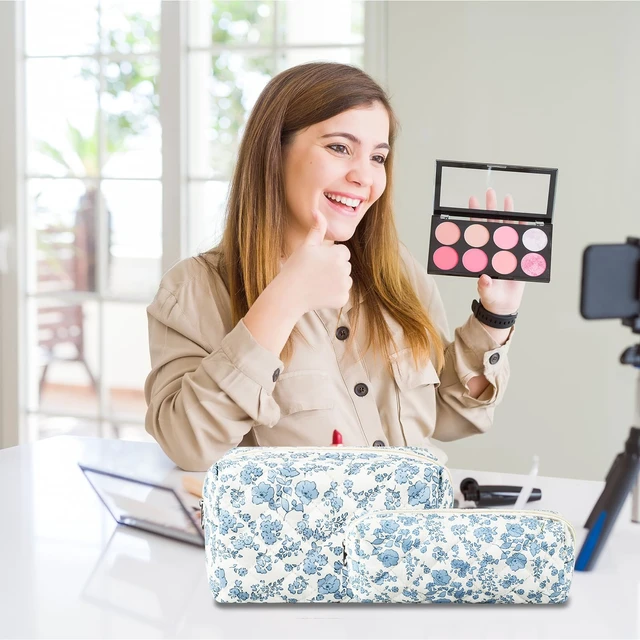 Alt view image 2 of 7 - 2Pcs Floral Makeup Bag for Women Cotton Quilted Small Coquette Cosmetic Bag Cute Zipper Blue Flower Makeup Pouch Aesthetic Portable Pencil Case Travel Toiletry Bag Trendy Cloth Skincare Bag