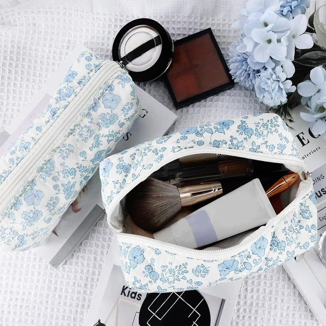 Alt view image 4 of 7 - 2Pcs Floral Makeup Bag for Women Cotton Quilted Small Coquette Cosmetic Bag Cute Zipper Blue Flower Makeup Pouch Aesthetic Portable Pencil Case Travel Toiletry Bag Trendy Cloth Skincare Bag