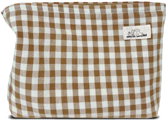 Main image of Khaki Gingham Cotton Makeup Bag Cosmetic Travel Pouch with Bottom, Make Up Purse Organizer, Zipper Closure, Canvas Lined