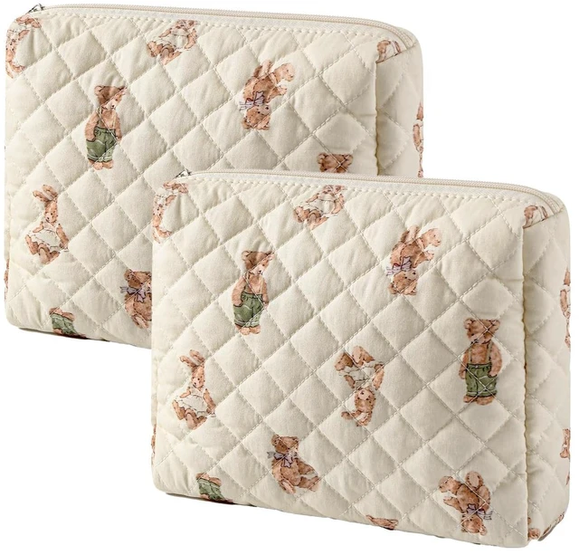 Main image of 2Pcs Quilted Cotton Makeup Bag, Coquette Cosmetic Bag(01Bear) | Large Soft Floral Travel Toiletry Bag for Women and Girls, Baby Diapers ,Snacks ,Travel Essentials Organizer Bag