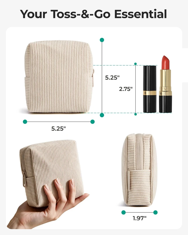 Alt view image 3 of 7 - Small Corduroy Makeup Bag, Cosmetic Pouch for Women with Pocket | For Purse, Toiletry Pouch, Soft Mini Cosmetics Bag, Travel Essentials, Cute Make Up Pouch with Slip-in Pocket