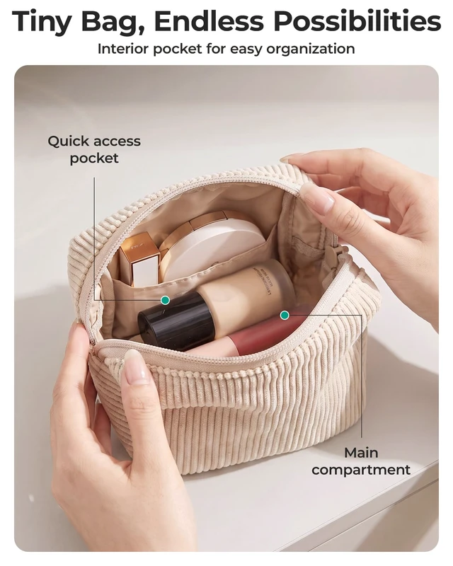 Alt view image 5 of 7 - Small Corduroy Makeup Bag, Cosmetic Pouch for Women with Pocket | For Purse, Toiletry Pouch, Soft Mini Cosmetics Bag, Travel Essentials, Cute Make Up Pouch with Slip-in Pocket