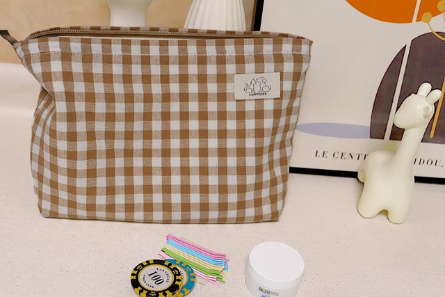 Alt view image 3 of 7 - Khaki Gingham Cotton Makeup Bag Cosmetic Travel Pouch with Bottom, Make Up Purse Organizer, Zipper Closure, Canvas Lined