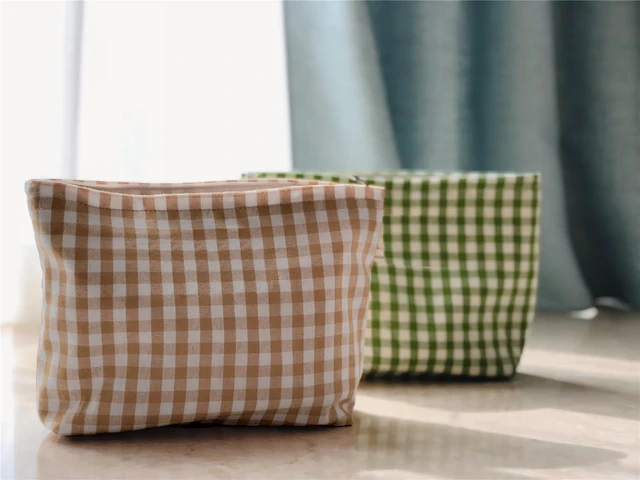 Alt view image 6 of 7 - Khaki Gingham Cotton Makeup Bag Cosmetic Travel Pouch with Bottom, Make Up Purse Organizer, Zipper Closure, Canvas Lined