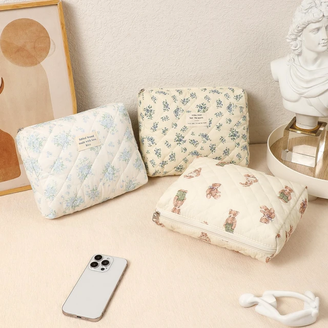 Alt view image 4 of 6 - 2Pcs Quilted Cotton Makeup Bag, Coquette Cosmetic Bag(01Bear) | Large Soft Floral Travel Toiletry Bag for Women and Girls, Baby Diapers ,Snacks ,Travel Essentials Organizer Bag