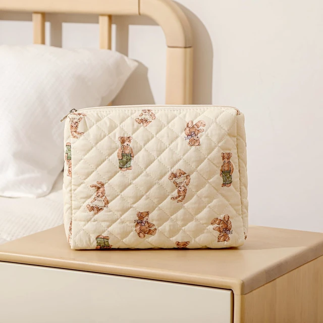 Alt view image 5 of 6 - 2Pcs Quilted Cotton Makeup Bag, Coquette Cosmetic Bag(01Bear) | Large Soft Floral Travel Toiletry Bag for Women and Girls, Baby Diapers ,Snacks ,Travel Essentials Organizer Bag