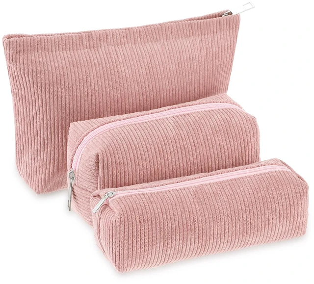 Main image of 3 Pcs Corduroy Makeup Bag Set for Women, Pink, Solid Style | Cosmetic Pouch Aesthetic Travel Toiletry Bag Cute Purse Pouch Makeup Brushes Storage Organizer with Zipper