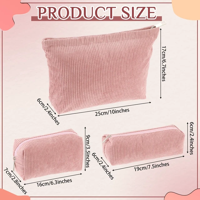 Alt view image 2 of 7 - 3 Pcs Corduroy Makeup Bag Set for Women, Pink, Solid Style | Cosmetic Pouch Aesthetic Travel Toiletry Bag Cute Purse Pouch Makeup Brushes Storage Organizer with Zipper