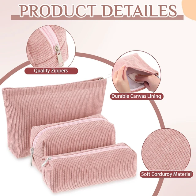 Alt view image 3 of 7 - 3 Pcs Corduroy Makeup Bag Set for Women, Pink, Solid Style | Cosmetic Pouch Aesthetic Travel Toiletry Bag Cute Purse Pouch Makeup Brushes Storage Organizer with Zipper