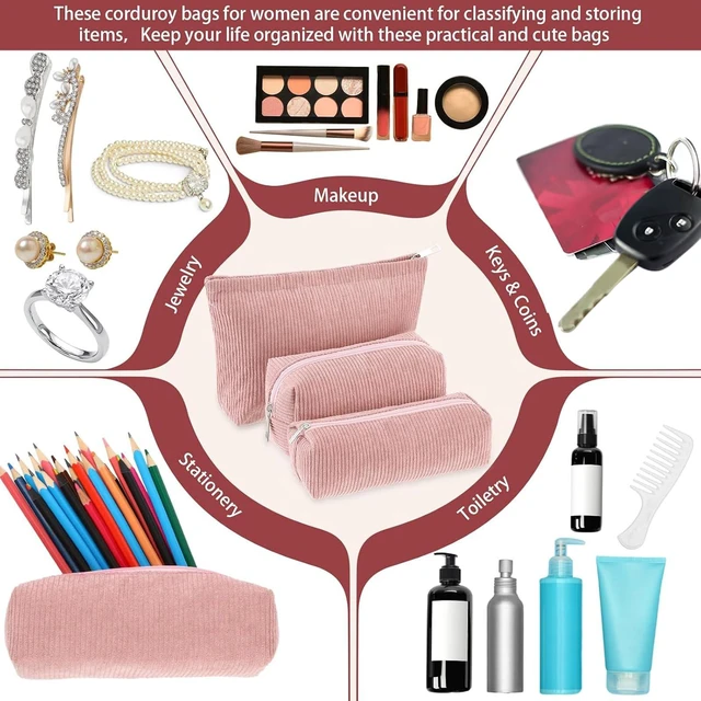 Alt view image 4 of 7 - 3 Pcs Corduroy Makeup Bag Set for Women, Pink, Solid Style | Cosmetic Pouch Aesthetic Travel Toiletry Bag Cute Purse Pouch Makeup Brushes Storage Organizer with Zipper