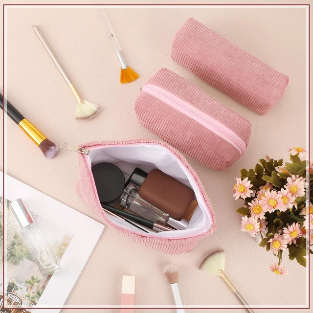 Alt view image 5 of 7 - 3 Pcs Corduroy Makeup Bag Set for Women, Pink, Solid Style | Cosmetic Pouch Aesthetic Travel Toiletry Bag Cute Purse Pouch Makeup Brushes Storage Organizer with Zipper