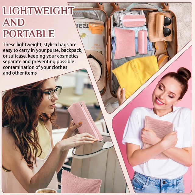 Alt view image 6 of 7 - 3 Pcs Corduroy Makeup Bag Set for Women, Pink, Solid Style | Cosmetic Pouch Aesthetic Travel Toiletry Bag Cute Purse Pouch Makeup Brushes Storage Organizer with Zipper