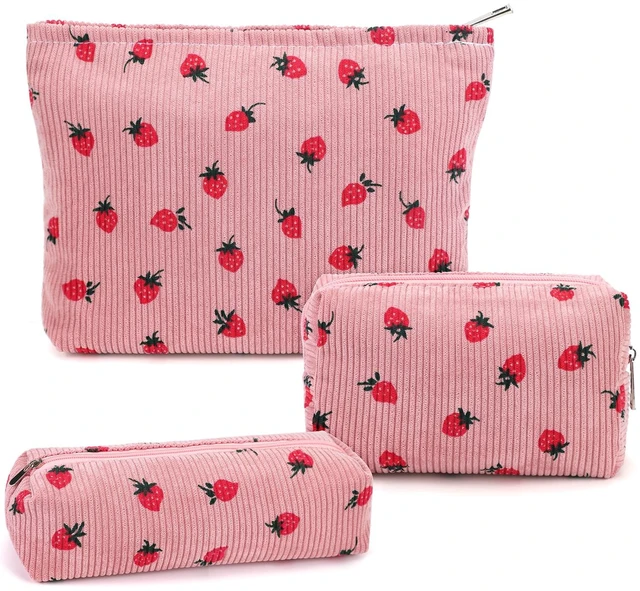 Main image of 3 Pcs Makeup Bag Cosmetic Bag Set for Girls Women Travel Organizer Bathroom Toiletry Pouch Large Capacity Storage Bag (Strawberry Pink)