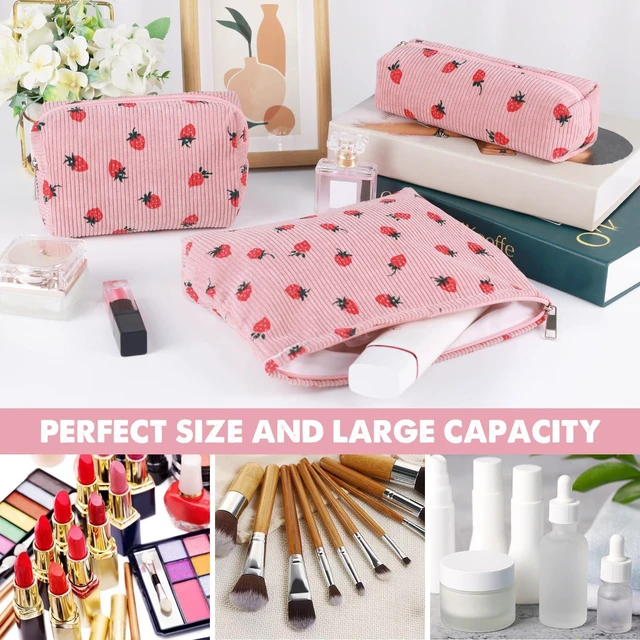 Alt view image 2 of 6 - 3 Pcs Makeup Bag Cosmetic Bag Set for Girls Women Travel Organizer Bathroom Toiletry Pouch Large Capacity Storage Bag (Strawberry Pink)