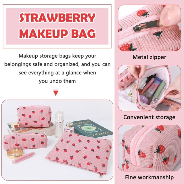Alt view image 3 of 6 - 3 Pcs Makeup Bag Cosmetic Bag Set for Girls Women Travel Organizer Bathroom Toiletry Pouch Large Capacity Storage Bag (Strawberry Pink)