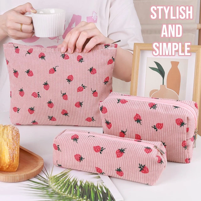 Alt view image 4 of 6 - 3 Pcs Makeup Bag Cosmetic Bag Set for Girls Women Travel Organizer Bathroom Toiletry Pouch Large Capacity Storage Bag (Strawberry Pink)