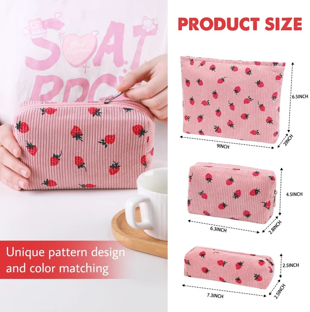 Alt view image 5 of 6 - 3 Pcs Makeup Bag Cosmetic Bag Set for Girls Women Travel Organizer Bathroom Toiletry Pouch Large Capacity Storage Bag (Strawberry Pink)