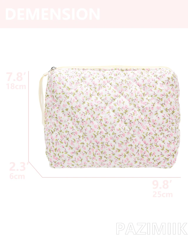 Alt view image 4 of 5 - Quilted Makeup Pouch for Women, Travel Cosmetic&Toiletry Bag,Floral Pink | Cute Zipper Makeup Organizer for Cosmetics, Toiletries,Skincare, Makeup Brushes, Beauty Essentials, Travel Accessories&Gifts