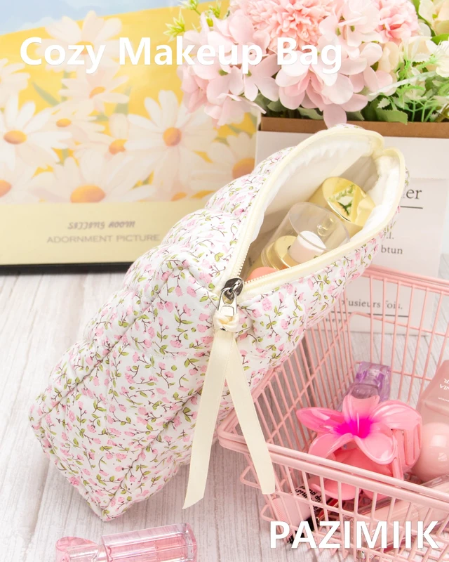 Alt view image 2 of 5 - Quilted Makeup Pouch for Women, Travel Cosmetic&Toiletry Bag,Floral Pink | Cute Zipper Makeup Organizer for Cosmetics, Toiletries,Skincare, Makeup Brushes, Beauty Essentials, Travel Accessories&Gifts