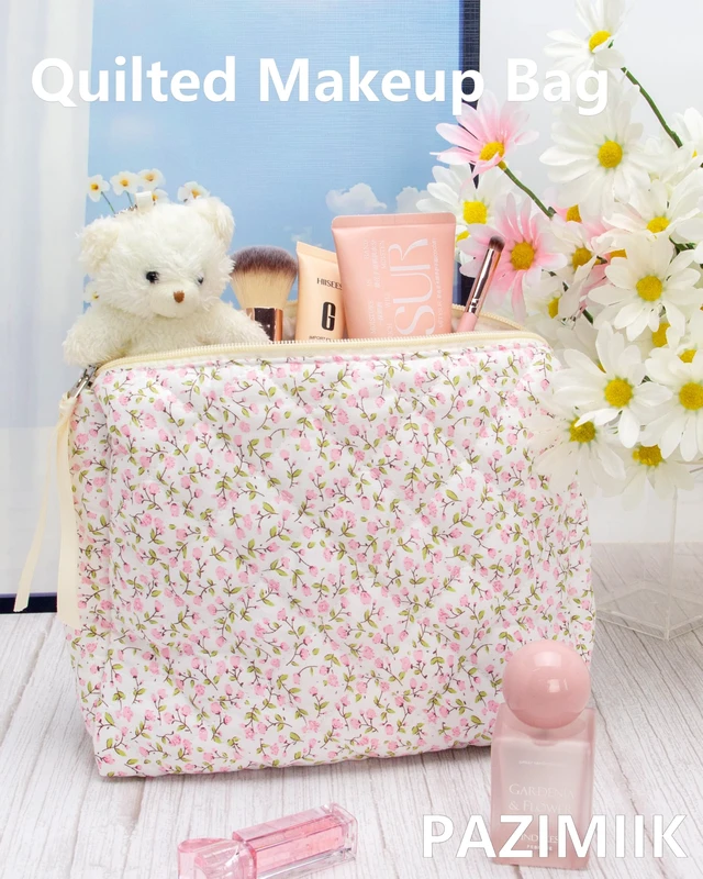 Alt view image 3 of 5 - Quilted Makeup Pouch for Women, Travel Cosmetic&Toiletry Bag,Floral Pink | Cute Zipper Makeup Organizer for Cosmetics, Toiletries,Skincare, Makeup Brushes, Beauty Essentials, Travel Accessories&Gifts