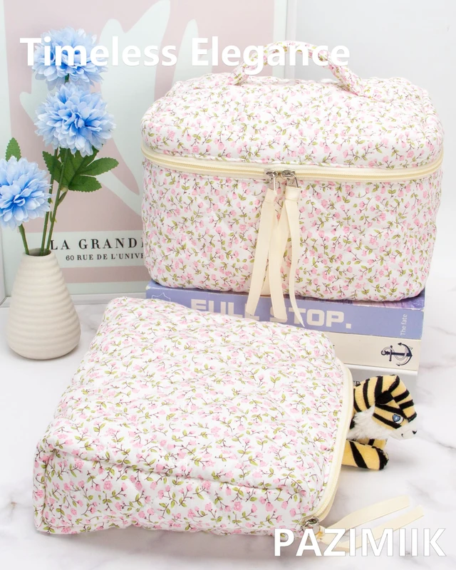 Alt view image 5 of 5 - Quilted Makeup Pouch for Women, Travel Cosmetic&Toiletry Bag,Floral Pink | Cute Zipper Makeup Organizer for Cosmetics, Toiletries,Skincare, Makeup Brushes, Beauty Essentials, Travel Accessories&Gifts