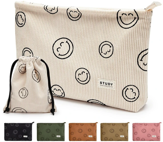 Main image of 2pcs Makeup Bag Smile Face Corduroy Cosmetic Pouch for Women Purse | Small Travel Toiletry Zipper Pouch with Interior Waterproof Lining Soft Pencil Case Coin Organizer
