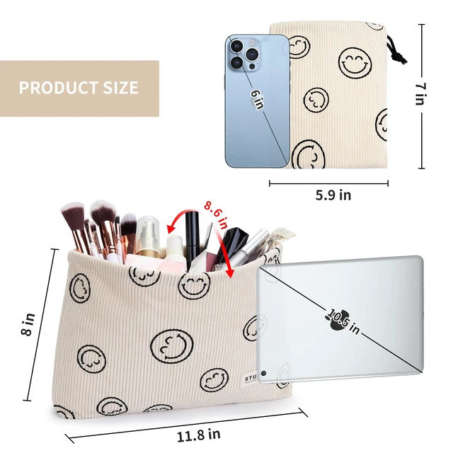 Alt view image 2 of 7 - 2pcs Makeup Bag Smile Face Corduroy Cosmetic Pouch for Women Purse | Small Travel Toiletry Zipper Pouch with Interior Waterproof Lining Soft Pencil Case Coin Organizer