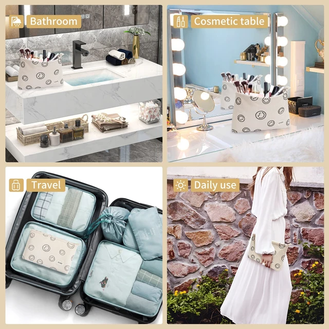 Alt view image 5 of 7 - 2pcs Makeup Bag Smile Face Corduroy Cosmetic Pouch for Women Purse | Small Travel Toiletry Zipper Pouch with Interior Waterproof Lining Soft Pencil Case Coin Organizer